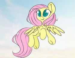 Size: 939x720 | Tagged: safe, artist:tokipeach, fluttershy, pegasus, pony, g4, colored pupils, female, floating, flying, sky, smiling, solo, spread wings, underhoof