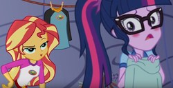 Size: 853x438 | Tagged: safe, screencap, sci-twi, sunset shimmer, twilight sparkle, equestria girls, g4, my little pony equestria girls: legend of everfree, blushing, clothes, clothes line, clothespin, duo, eyebrows, glasses, hand on hip, hoodie, lidded eyes, out of context, ponytail, raised eyebrow, shipping fuel, shirt, tent