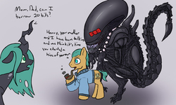 Size: 1250x750 | Tagged: safe, artist:slamjam, queen chrysalis, xenomorph, g4, alien (franchise), bow, clothes, pipe, sweater