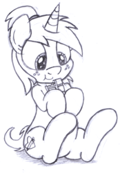 Size: 1499x2148 | Tagged: safe, artist:an-tonio, oc, oc only, oc:silver draw, pony, unicorn, chocolate, chocolate bar, food, freckles, grayscale, holding, monochrome, ponytail, simple background, sitting, solo, traditional art