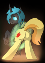 Size: 1090x1525 | Tagged: safe, artist:drawponies, braeburn, oc, oc only, oc:shifter, changeling, butt, cute, disguise, disguised changeling, glowing, male, mid-transformation, plot, solo, transformation