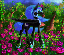 Size: 1575x1348 | Tagged: safe, artist:vladimir-olegovych, nightmare moon, alicorn, pony, g4, contrast, female, flower, flower in hair, forest, rose, solo