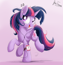 Size: 2080x2160 | Tagged: safe, artist:bugplayer, twilight sparkle, alicorn, pony, g4, cute, dancing, earbuds, female, five finger death punch, heavy metal, high res, ipod, listening, mare, messy mane, mp3 player, music, music notes, open mouth, raised hoof, raised leg, signature, solo, twiabetes, twilight sparkle (alicorn)