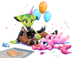 Size: 2698x2108 | Tagged: safe, artist:goshaag, pinkie pie, g4, balloon, boop, confetti, corazon tea, crossover, food, freedom planet, freedom planet 2, hat, high res, noseboop, party hat, party horn, pizza, simple background, transparent background