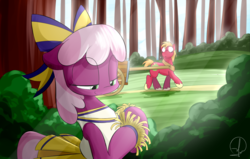 Size: 1700x1080 | Tagged: safe, artist:phuocthiencreation, big macintosh, cheerilee, earth pony, pony, g4, the cart before the ponies, cart, cheeribetes, cheerileeder, cheerleader, clothes, cute, distracted by the sexy, forest, hair bow, macabetes, male, pleated skirt, pom pom, reaction, ship:cheerimac, shipping, signature, skirt, stallion, straight, trotting, working