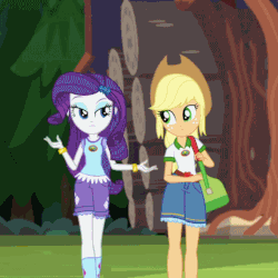 Size: 720x720 | Tagged: safe, screencap, applejack, drama letter, paisley, rarity, watermelody, equestria girls, g4, my little pony equestria girls: legend of everfree, animated, applejack's hat, bag, bracelet, clothes, cowboy hat, cropped, denim, female, flute, freckles, hat, hips, jewelry, loop, musical instrument, shorts, socks, stetson, sway, swaying hips, walking
