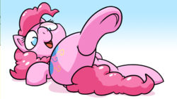 Size: 626x354 | Tagged: source needed, safe, artist:pokehidden, pinkie pie, pony, g4, cute, diapinkes, female, gradient background, no pupils, on back, open mouth, raised leg, solo, underhoof