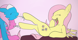 Size: 1088x561 | Tagged: safe, artist:mr square, artist:silver1kunai, aloe, fluttershy, lotus blossom, g4, feather, hoof tickling, laughing, open mouth, tickling