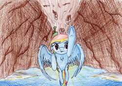 Size: 3372x2382 | Tagged: safe, artist:40kponyguy, derpibooru exclusive, rainbow dash, pegasus, pony, g4, both cutie marks, canyon, female, flying, high res, looking at you, solo, traditional art, underhoof, upside down