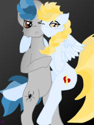 Size: 2155x2852 | Tagged: safe, oc, oc only, oc:aria lightningheart, pegasus, pony, abstract background, angry, bedroom eyes, high res, hug, multicolored hair, poking