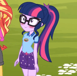 Size: 504x502 | Tagged: safe, screencap, sci-twi, sunset shimmer, twilight sparkle, equestria girls, g4, my little pony equestria girls: legend of everfree, animated, blushing, cute, female, ponytail, solo focus, twiabetes