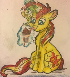 Size: 2400x2641 | Tagged: safe, artist:snowfoxythefox, sunset shimmer, pony, unicorn, g4, colored, colored pencil drawing, colored sketch, cute, female, floppy ears, food, glowing horn, high res, horn, ice cream, licking, magic, pencil, pencil drawing, shimmerbetes, sitting, solo, sparkles, telekinesis, tongue out, traditional art