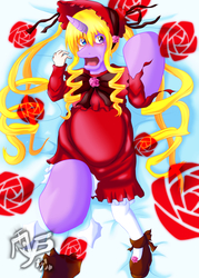 Size: 750x1050 | Tagged: safe, artist:shutters nagel, twilight sparkle, human, pony, unicorn, g4, anime, blushing, body pillow, body pillow design, bonnet, character to character, clothes, crossover, female, flower, horrified, human to pony, japanese, rose, rozen maiden, shinku, solo, torn clothes, transformation
