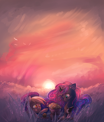 Size: 2127x2489 | Tagged: safe, artist:segraece, derpy hooves, princess luna, pegasus, pony, g4, female, food, high res, mare, muffin, picnic, sunset