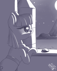 Size: 600x750 | Tagged: safe, artist:malwinters, boulder (g4), maud pie, g4, atg 2016, female, monochrome, moon, newbie artist training grounds, solo, stargazing