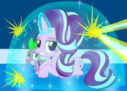 Size: 4728x3396 | Tagged: safe, artist:lovehtf421, spike, starlight glimmer, pony, g4, duo, force field, magic, magic blast, protecting