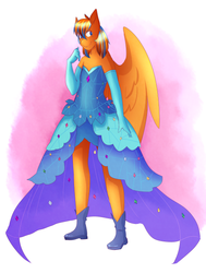 Size: 500x661 | Tagged: safe, artist:rubyrue, oc, oc only, oc:cold front, pegasus, anthro, plantigrade anthro, anthro oc, clothes, commission, crossdressing, dress, gloves, male, princess dress, shoes, smiling, stallion, trap