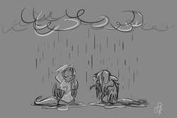 Size: 2949x1978 | Tagged: safe, artist:fluttershythekind, fluttershy, rainbow dash, pony, g4, clothes, cloud, pointy ponies, poncho, rain, wet, wet mane