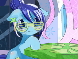 Size: 800x600 | Tagged: safe, artist:apyorehe, minuette, pony, g4, alternate hairstyle, female, floppy ears, hair bun, mare, nervous, shutter shades, sitting, solo, sunglasses, table, wavy mouth