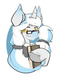 Size: 1280x1702 | Tagged: safe, artist:bbsartboutique, oc, oc only, pony, unicorn, book, bust, chipped hoof, clothes, colored pupils, cute, ear tufts, get, glasses, index get, lidded eyes, male, pince-nez, ponytail, portrait, smiling, solo, stallion