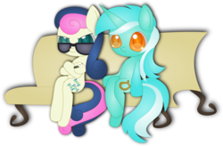 Size: 4000x2630 | Tagged: safe, artist:spophia, bon bon, lyra heartstrings, sweetie drops, earth pony, pony, g4, bench, bon bon is not amused, duo, secret agent sweetie drops, simple background, sitting, sitting lyra, sunglasses, transparent background, watch, wristwatch