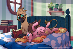 Size: 1188x792 | Tagged: safe, artist:raynesgem, oc, oc only, oc:arvid ii, oc:magnolia rose, earth pony, griffon, pony, bed, bedroom, book, cute, interspecies, male, potted plant, pregnant, reading, straight, window
