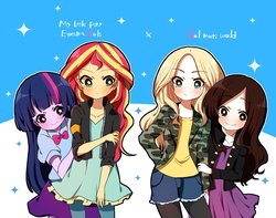 Size: 1446x1141 | Tagged: safe, artist:lotte, sunset shimmer, twilight sparkle, equestria girls, g4, blushing, crossover, cute, disney, girl meets world, humanized, maya hart, riley matthews