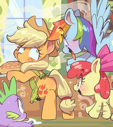 Size: 666x746 | Tagged: safe, artist:jirousan, edit, apple bloom, applejack, rainbow dash, spike, dragon, earth pony, pegasus, pony, g4, apple, apple pie, apron, blushing, bow, clothes, excited, eyes on the prize, female, filly, food, freckles, hair bow, hat, hilarious in hindsight, looking at butt, male, mare, open mouth, pie, tongue out
