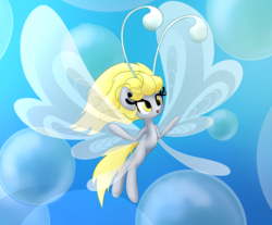 Size: 1305x1080 | Tagged: safe, artist:klemm, derpy hooves, breezie, g4, atg 2016, blue background, breeziefied, bubble, crepuscular rays, cute, derpabetes, female, flowing mane, newbie artist training grounds, simple background, solo, species swap, sunlight