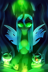 Size: 1000x1500 | Tagged: safe, artist:talonsofwater, queen chrysalis, changeling, changeling larva, changeling queen, nymph, g4, :>, cute, cutealis, cuteling, fangs, female, frown, glare, glowing, glowing eyes, glowing horn, grub, horn, lidded eyes, looking at you, looking up, magic, open mouth, raised hoof, smiling