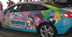 Size: 739x383 | Tagged: safe, pinkie pie, rainbow dash, shining armor, soarin', spike, spitfire, pony, g4, boston comic con, car, guardians of harmony, irl, itasha, photo, spikezilla