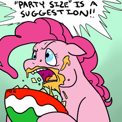 Size: 3000x3000 | Tagged: safe, artist:pony quarantine, pinkie pie, g4, 4chan, bowl, chips, colored, defensive, drawthread, female, food, frown, high res, it ain't easy being cheesy, messy eating, nachos, simple background, solo, yelling