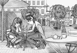 Size: 1645x1148 | Tagged: safe, artist:mach-volt, oc, oc only, oc:rain dancer, oc:summer breeze, earth pony, pegasus, anthro, anthro oc, building, cafe, city, lunch, monochrome, sketch, talking, traditional art