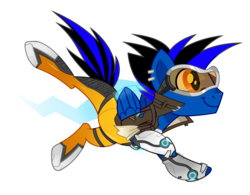 Size: 3853x3009 | Tagged: safe, artist:wicklesmack, oc, oc only, oc:music dash, pegasus, pony, clothes, costume, crossover, futuristic, goggles, high res, male, overwatch, solo, stallion, tracer