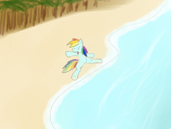 Size: 1024x768 | Tagged: safe, artist:periodicbrony, rainbow dash, g4, beach, castaway, eyes closed, female, newbie artist training grounds, solo, water