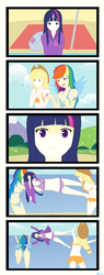 Size: 1200x3163 | Tagged: safe, artist:kyriena, applejack, rainbow dash, twilight sparkle, human, g4, attached skirt, belly button, bikini, clothes, comic, horn, horned humanization, humanized, swimsuit, winged humanization