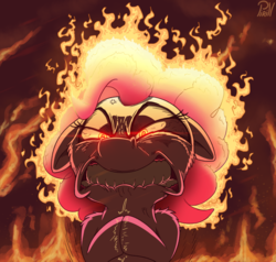 Size: 2530x2412 | Tagged: safe, artist:pirill, pinkie pie, earth pony, pony, ponyta, g4, angry, bloodshot eyes, evil, female, fire, floppy ears, high res, looking at you, mane of fire, mare, newbie artist training grounds, nightmare, pinkie promise, rage, solo, this will end in cupcakes