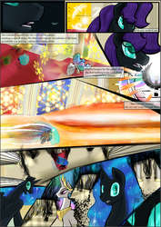 Size: 1087x1536 | Tagged: safe, artist:sevireth, princess celestia, oc, oc:nyx, alicorn, earth pony, pony, unicorn, comic:recollection, tumblr:nyx contacts, g4, alicorn oc, burned, comic, earth pony oc, fire, horn, magic, nightmare nyx, throne room, tyrant celestia, unicorn oc