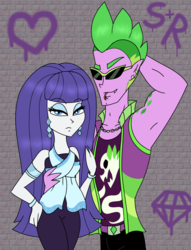 Size: 1120x1464 | Tagged: safe, artist:purfectprincessgirl, rarity, spike, human, g4, cleo, cleo de nile, deuce gorgon, heart, humanized, male, monster high, pony coloring, ship:sparity, shipping, straight, sunglasses