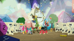 Size: 702x392 | Tagged: safe, screencap, big macintosh, discord, pinkie pie, rainbow dash, spike, pony, skeleton pony, unicorn, dungeons and discords, g4, season 6, animated, archer, bard, bard pie, captain wuzz, dice, discovery family logo, dungeons and dragons, fantasy class, female, garbuncle, gif, loop, mage, male, mare, ogres and oubliettes, parsnip, pose as a team, race swap, rainbow rogue, rogue, sir mcbiggen, skeleton, slow motion, staff, stallion, sword, unicorn big mac, weapon