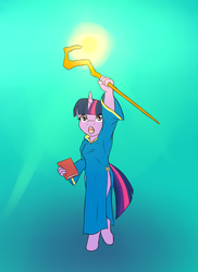 Size: 800x1100 | Tagged: safe, artist:sewlde, twilight sparkle, anthro, g4, book, clothes, magic, open mouth, robes, staff, wizard