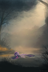 Size: 800x1200 | Tagged: dead source, safe, artist:shamanguli, twilight sparkle, pony, g4, female, floating, forest, newbie artist training grounds, pond, relaxing, scenery, solo, water