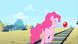 Size: 1100x618 | Tagged: safe, screencap, pinkie pie, earth pony, pony, g4, three's a crowd, balloon, butt, female, mare, open mouth, plot, solo