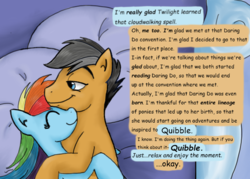 Size: 604x432 | Tagged: safe, artist:aceeternal, quibble pants, rainbow dash, g4, cuddling, cute, male, pillow talk, rainbow dash's house, ship:quibbledash, shipping, snuggling, straight