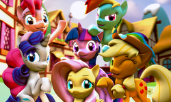 Size: 6000x3574 | Tagged: safe, artist:gen-ma, applejack, fluttershy, pinkie pie, rainbow dash, rarity, twilight sparkle, alicorn, pony, g4, 3d, absurd resolution, cute, group photo, looking at you, mane six, mane six opening poses, one eye closed, open mouth, ponyville, raised hoof, scene interpretation, shyabetes, source filmmaker, twilight sparkle (alicorn), wink