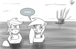 Size: 1279x828 | Tagged: safe, artist:ladyanidraws, derpy hooves, rainbow dash, pegasus, pony, g4, bloodshot eyes, female, floating, grayscale, i just don't know what went wrong, life preserver, mare, monochrome, newbie artist training grounds, ship, shipwreck, sinking, water, wide eyes
