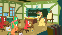 Size: 4200x2400 | Tagged: safe, artist:mintydrop2013, oc, oc only, oc:butter scotch, oc:caramel apple, oc:cherry, oc:drop shot, oc:northern haste, g4, classroom, ponyville schoolhouse, pregnant, story in the source