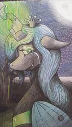 Size: 581x1032 | Tagged: dead source, safe, artist:justthemadponi, queen chrysalis, changeling, changeling queen, g4, crying, female, magic, smiling, solo, traditional art