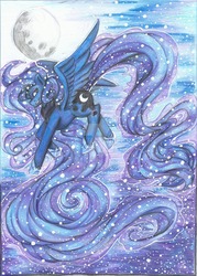 Size: 1024x1428 | Tagged: safe, artist:creepy-cake-mix, princess luna, g4, female, flying, grin, moon, smiling, solo, traditional art, watermark