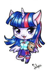 Size: 800x1158 | Tagged: safe, artist:lifyen, twilight sparkle, alicorn, cat, anthro, g4, catified, clothes, cute, equestria girls outfit, female, leg warmers, pleated skirt, shoes, simple background, skirt, socks, solo, species swap, traditional art, twiabetes, twilight sparkle (alicorn)